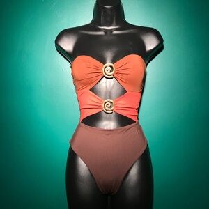 ZARA BANDEAU CUT OUT SWIMSUIT SPIRAL PIECE Brown Orange Gold